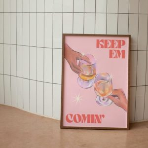 Tranh treo tường Keep Em Coming Wall Print, Retro Kitchen Decor, Bar Cart Wall Art, Pink Cocktail Wall Poster