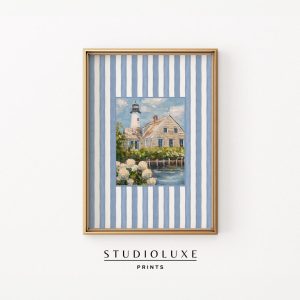 Tranh treo tường Lighthouse Coastal Art Print Blue Stripes, Beach Cottage