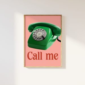 Tranh treo tường Call Me Retro Telephone Pink And Green Retro Print - Aesthetic Minimalist Retro Style, 70s 80s 90s Phone