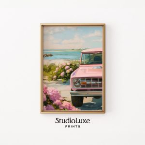 Tranh treo tường Pink Bronco Beach Print Vintage Coastal Car Art