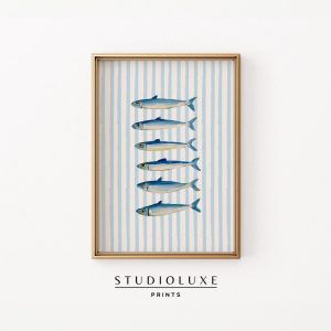 Tranh treo tường Sardines Vintage Painting Beachy Blue Wall Art