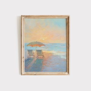 Tranh treo tường Sunset Beach Chairs Painting Coastal Wall Art