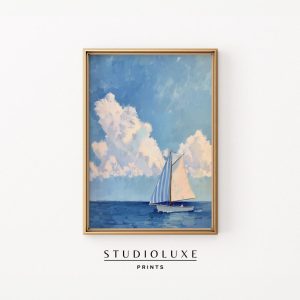Tranh treo tường Vintage Sailboat Oil Painting Blue Striped Coastal Art