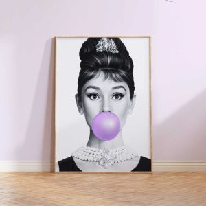 Tranh treo tường Audrey Hepburn Black and White Purple Bubble Gum ,Fashion Print Logo INSTANT DOWNLOAD