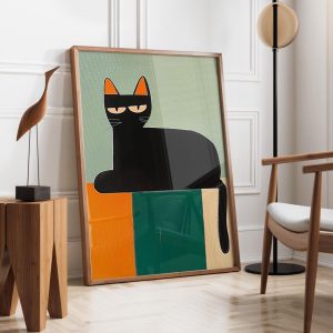 Tranh treo tường Black Cat With Bold Colors  Geometric Cat Artwork  Contemporary Cat Poster  Mid