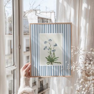 Tranh treo tường Blue Stripe Floral Print  Pastel Blue PRINTABLE Wall Art  Soft Baby Blue Nursery Decor