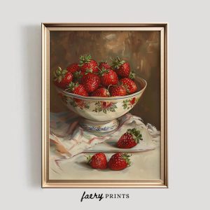 Tranh treo tường Bowl of Strawberries Painting  Vintage Kitchen PRINTABLE Wall Art  Rustic Farmhouse Kitchen Decor