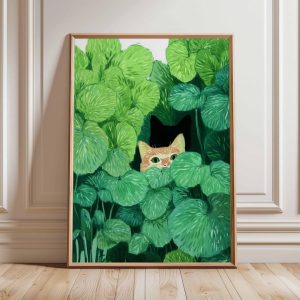 Tranh treo tường Cat Poster, Cat Print, Botanical Wall Art, Floral Print