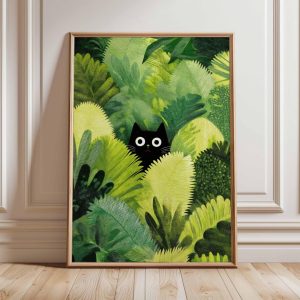Tranh treo tường Cat Poster, Cat Print, Botanical Wall Art, Floral Print