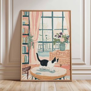 Tranh treo tường Cat Poster, Cat Print, Botanical Wall Art, Floral Print