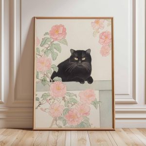 Tranh treo tường Cat Poster, Cat Print, Botanical Wall Art, Floral Print