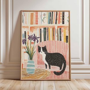 Tranh treo tường Cat Poster, Cat Print, Botanical Wall Art, Floral Print