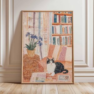 Tranh treo tường Cat Poster, Cat Print, Botanical Wall Art, Floral Print
