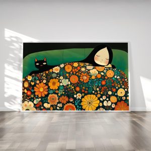 Tranh treo tường Catlover Gift   Woman Relaxing with Black Cat  Cozy Vibrant Wall Decor  Abstract Pet and Owner  Relaxing