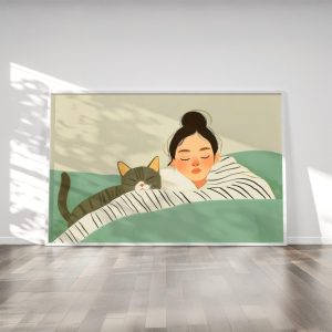 Tranh treo tường Catlover Gift   Woman Relaxing with Cat  Cozy Vibrant Wall Decor  Abstract Cat and Owner