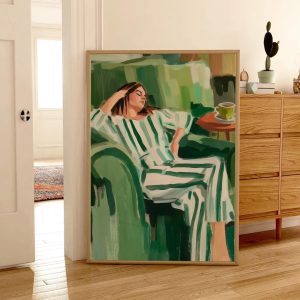Tranh treo tường Coffee Lover Gift Emerald Green Abstract People Wall Art  Stripe Woman  Contemporary Artwork