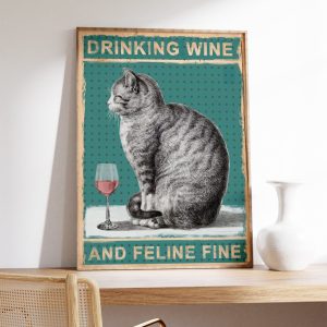 Tranh treo tường Drinking Wine Cat Poster, Funny Poster, Cat Art, Cat Poster