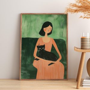 Tranh treo tường Emerald Green Abstract People Art  Cozy Cat Lover Art  Contemporary Cat Artwork