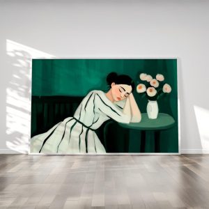 Tranh treo tường Emerald Green Abstract Woman in Striped Dress with Flowers  Contemporary Artwork