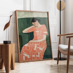Tranh treo tường Emerald Green & Orange Abstract People Art  Cozy Nap Woman  Contemporary Artwork