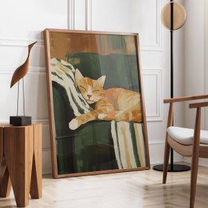Tranh treo tường Emerald Green Sleeping Cat  Cozy Cat Wall Art  Contemporary Artwork  Stripe Kitten  Cute Cat Poster