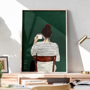 Tranh treo tường Feminine Coffee Time Poster  Stylish Woman With Mug  Contemporary Coffee Art