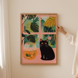 Tranh treo tường Funky Cat fish bowl Poster– Trendy Cat Wall Art for Funny Decor, Aesthetic Dopamine Decor for Cat Lovers