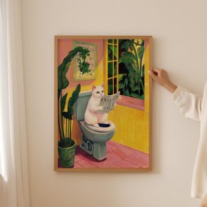 Tranh treo tường Funny Toilet Cat Poster– Trendy white Cat Wall Art for Funky Decor, Aesthetic Dopamine Decor