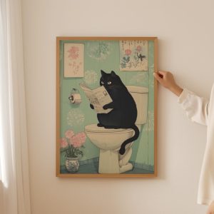 Tranh treo tường Funny Toilet black Cat Poster– Trendy funky Japanese Wall Art, Aesthetic Japandi bathroom decor for animal Lovers