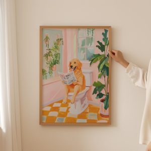 Tranh treo tường Golden retriever Print– Colorful Poster, Funny Bathroom golden retriever lover gift, Trendy Toilet Wall Art