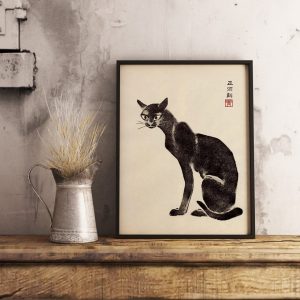 Tranh treo tường Japanese Cat Poster, Japanese Cat Art Print, Black Cat