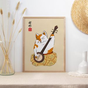 Tranh treo tường Japanese Cat Poster, Japanese Cat Art Print, Cat Tattoo