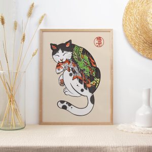 Tranh treo tường Japanese Cat Poster, Japanese Cat Art Print, Cat Tattoo
