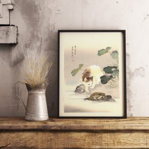 Tranh treo tường Japanese Cat Poster, Japanese Cat Art Print, Cat and Frog