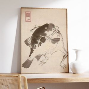 Tranh treo tường Japanese Frog and Fish Poster, Japanese Woodblock Print, Oriental Art