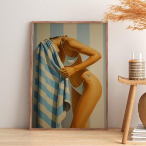 Tranh treo tường Modern Summer Poster  Retro Bikini Wall Art  Blue White Beach Striped  Vintage Feminine Poster  Bathroom Decor