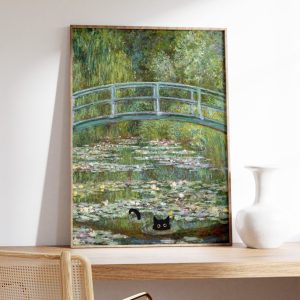 Tranh treo tường Monet Waterlily Cat Print, Claude Monet Cat Poster, Cat Art, Cat Gift