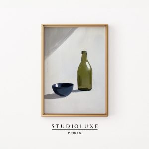 Tranh treo tường Moody Minimalist Glass Bottle and Blue Bowl Printable - Scandinavian Modern Still Life Art