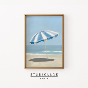 Tranh treo tường Nautical Beach Umbrella Wall Art - Serene Coastal Summer Printable , Blue Striped Umbrella Vintage Pastel Shore Art