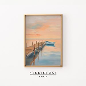 Tranh treo tường Nautical Printable Waterside Dock Art - Tranquil Coastal Scene, Serene Pastel Sunset