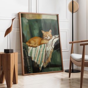 Tranh treo tường Orange Cat Sleeping  Cozy Cat Wall Art  Contemporary Artwork  Stripe Kitten  Cute Cat