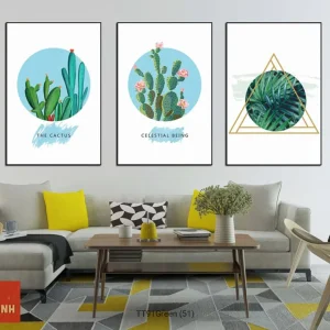 Tranh Bộ 3 Cây Xương Rồng Trụ, Xương Rồng Tai Thỏ Và Lá Dừa Cảnh - Tranh Thực Vật Bắc Âu Tối Giản