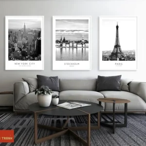 Tranh Bộ 3 Đen Trắng Thành Phố New York, Stockholm Và Tháp Eiffel Paris - Tranh Kiến Trúc Đô Thị Nghệ Thuật