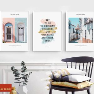 Tranh Bộ 3 Góc Phố Cổ Châu Âu Và Slogan Hành Trình Cuộc Sống - Tranh Decor Khổ Đứng Sang Trọng