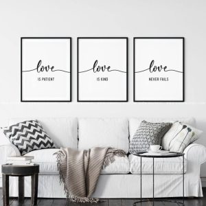 Tranh Bộ 3 Châm Ngôn Tình Yêu Love Is Patient, Kind, Never Fails - Tranh Tối Giản Treo Phòng Ngủ