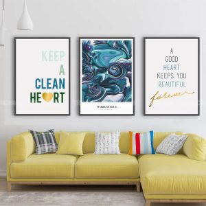 Tranh Bộ 3 Vân Đá Cẩm Thạch Marbled Blue Và Chữ Slogan Sống Đẹp - Tranh Hiện Đại Độc Đáo