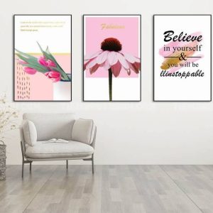 Tranh Bộ 3 Hoa Tulip, Hoa Cúc Hồng Và Slogan Truyền Cảm Hứng - Tranh Canvas Tone Hồng Pastel Ngọt Ngào