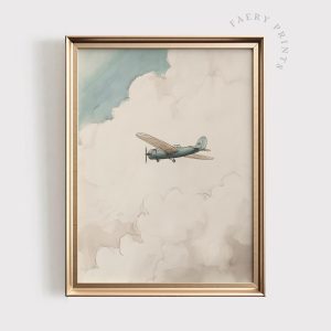 Tranh treo tường Vintage Airplane Nursery Art  Watercolor Plane Illustration  Cloudy Sky Printable Wall Art