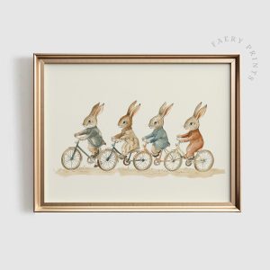 Tranh treo tường Vintage Nursery PRINTABLE Wall Art  Bicycle Bunnies Nursery Print  Neutral Rabbits on Bikes Illustration