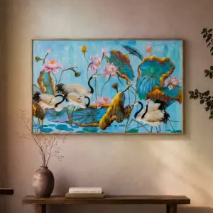 Tranh Sơn Dầu Treo Tường Cao Cấp, Đàn Hạc Và Hồ Sen